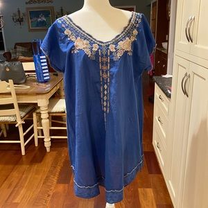 Johnny Was Blue embroidered Tunic. Size L. Never worn Tags still attached